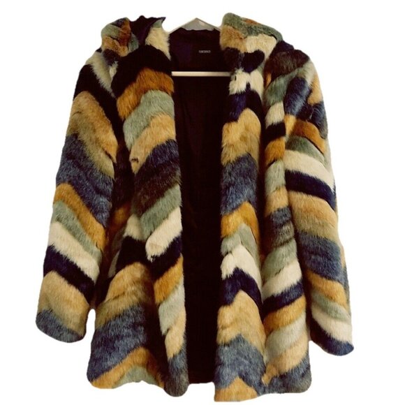 Forever 21 Faux Fur Colorful Chevron Hooded Coat  Unique Mob Wife Retro Bold M - Picture 4 of 13